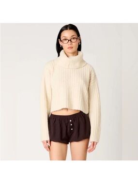 Nia Bruni Ivory Cream Knit Turtleneck Cropped Sweater Sz XS
